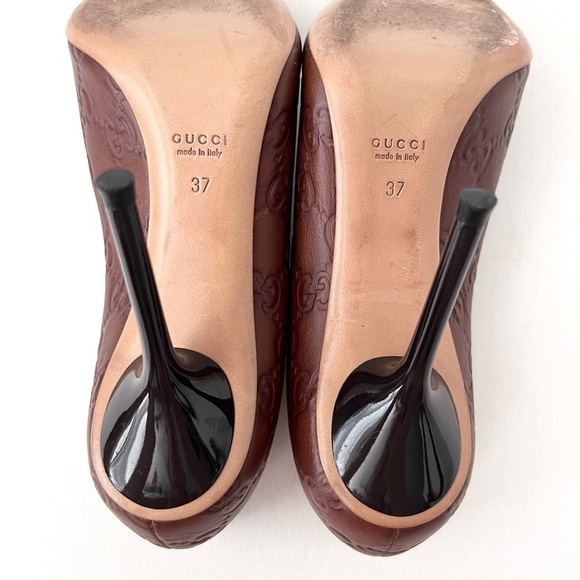 GUCCI | Vintage Guccissima GG Logo Brown Leather Peep Toe High Heel Pumps EU 37 - Picture 12 of 13